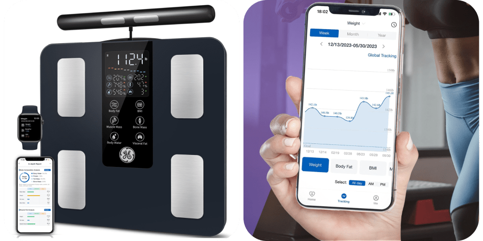 A hand holding a phone and a scale