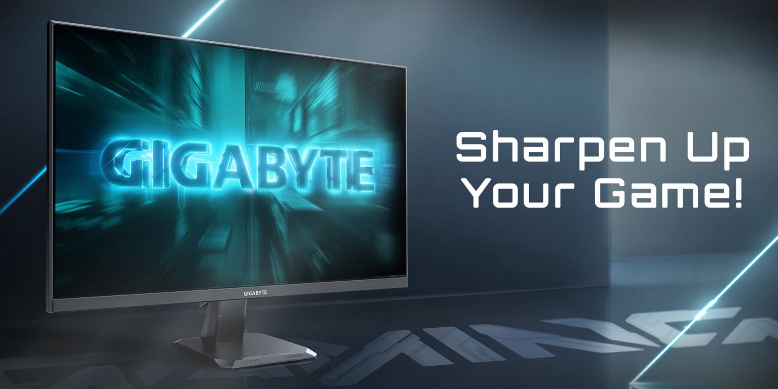 A computer monitor with a blue text