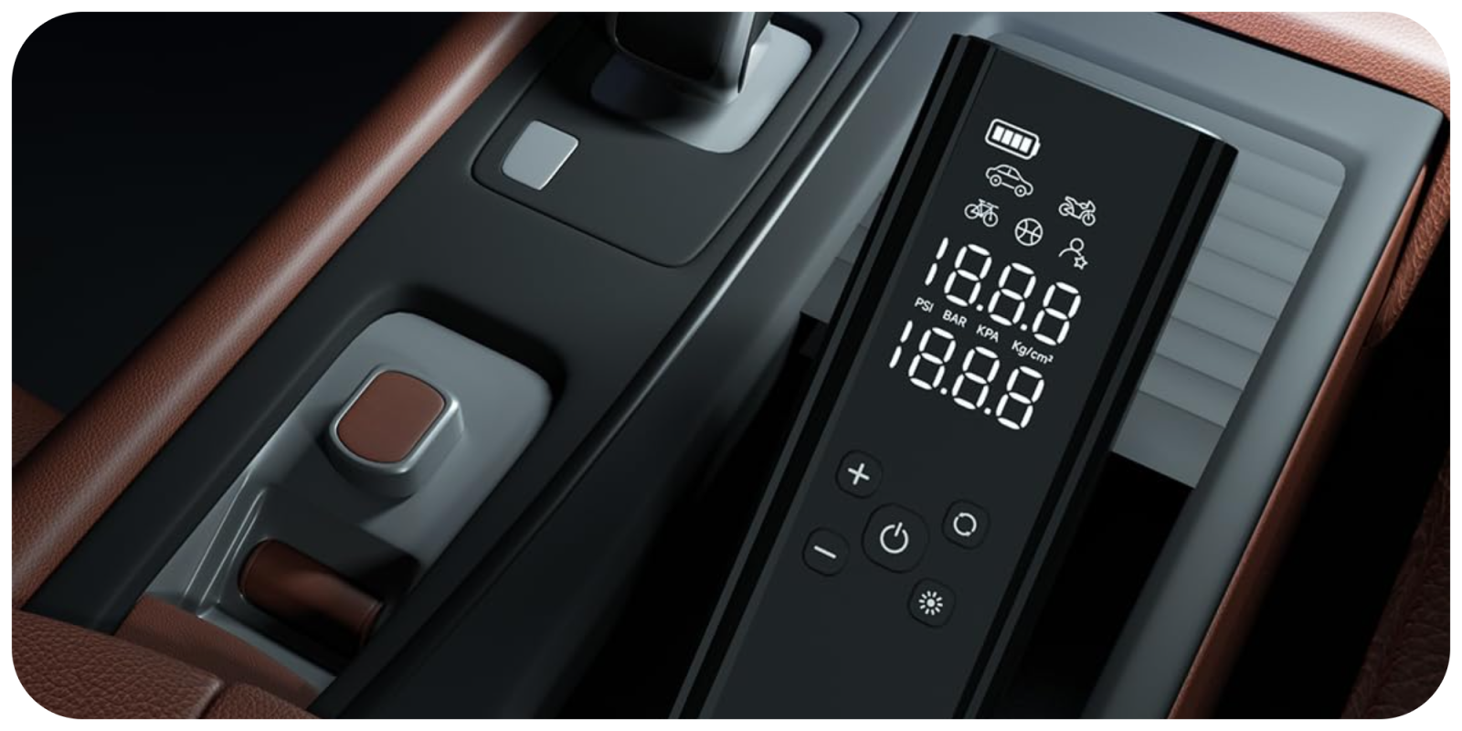 A close up of a car console