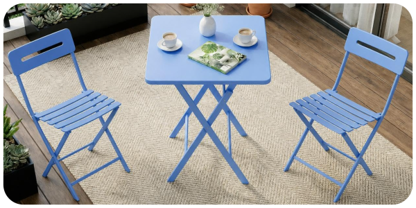 A blue table with two chairs