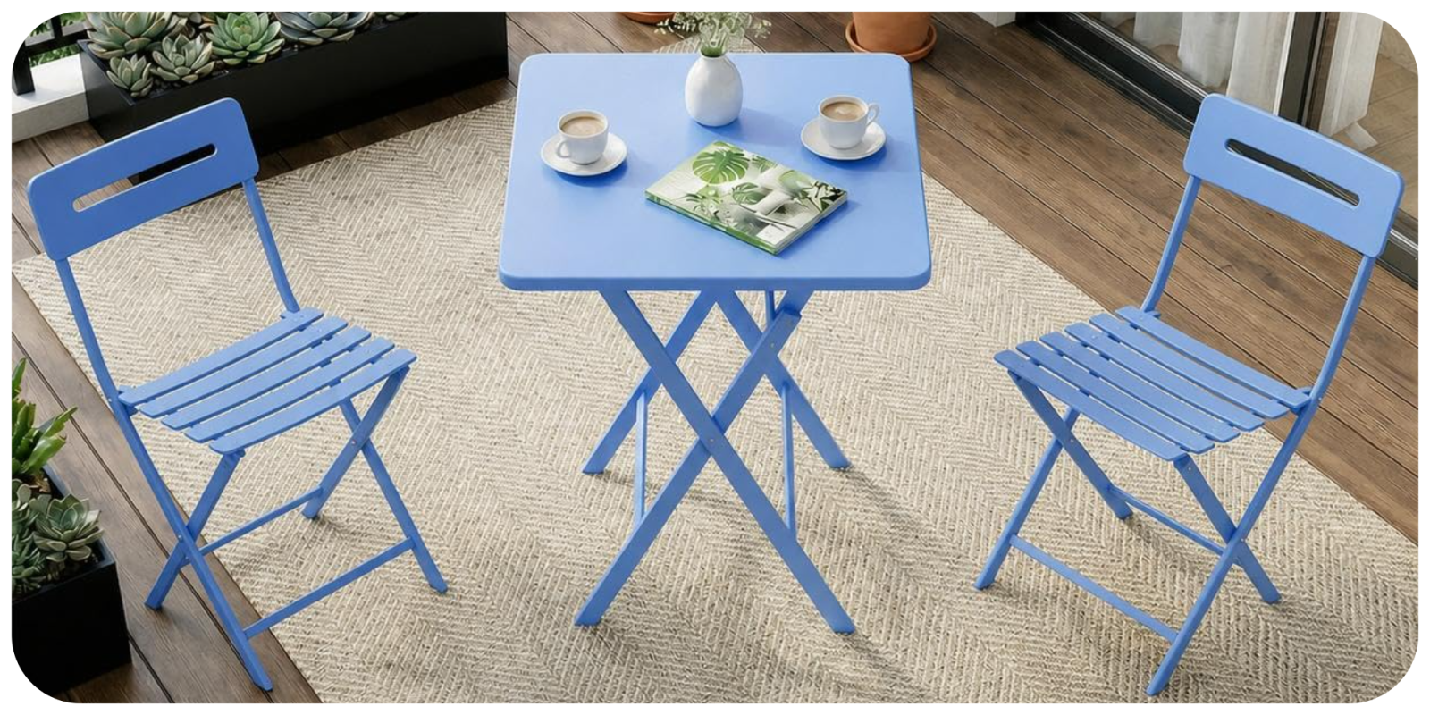 A blue table with two chairs