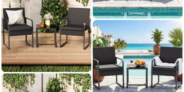 A patio with a pool and chairs