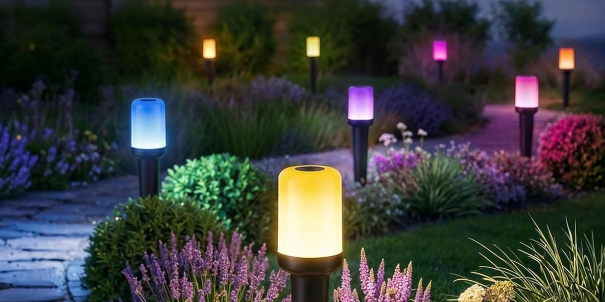 A group of colorful lights in a garden
