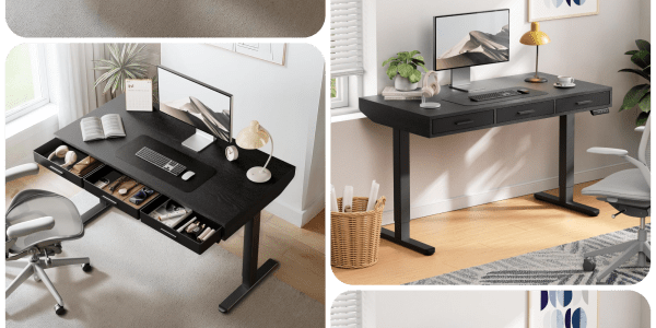 A black desk with a computer