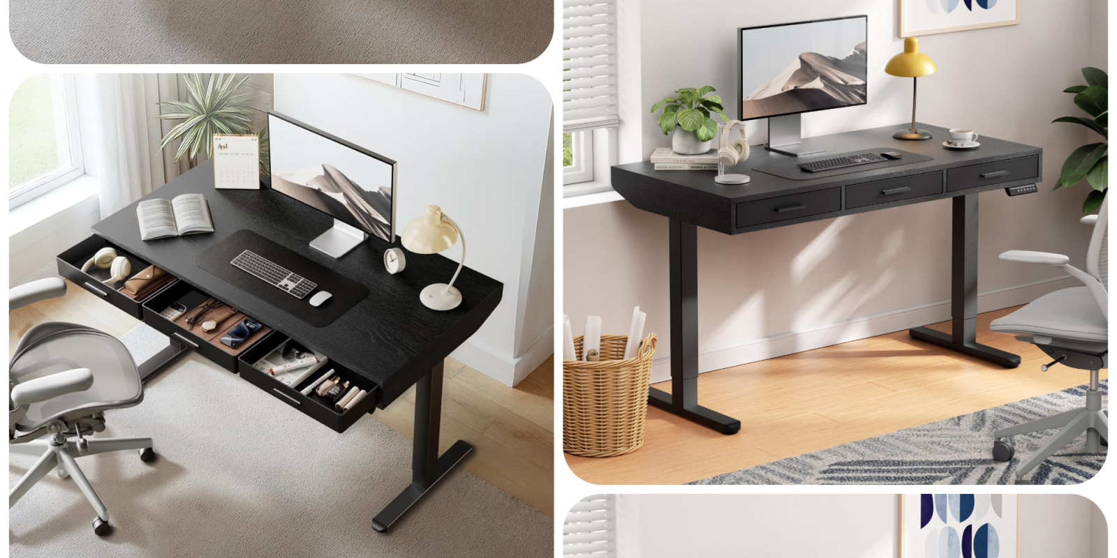 A black desk with a computer