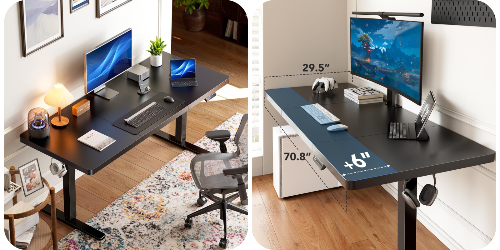 A computer desk with a monitor and a keyboard