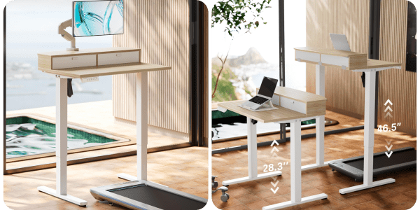 A computer desk with a laptop on it