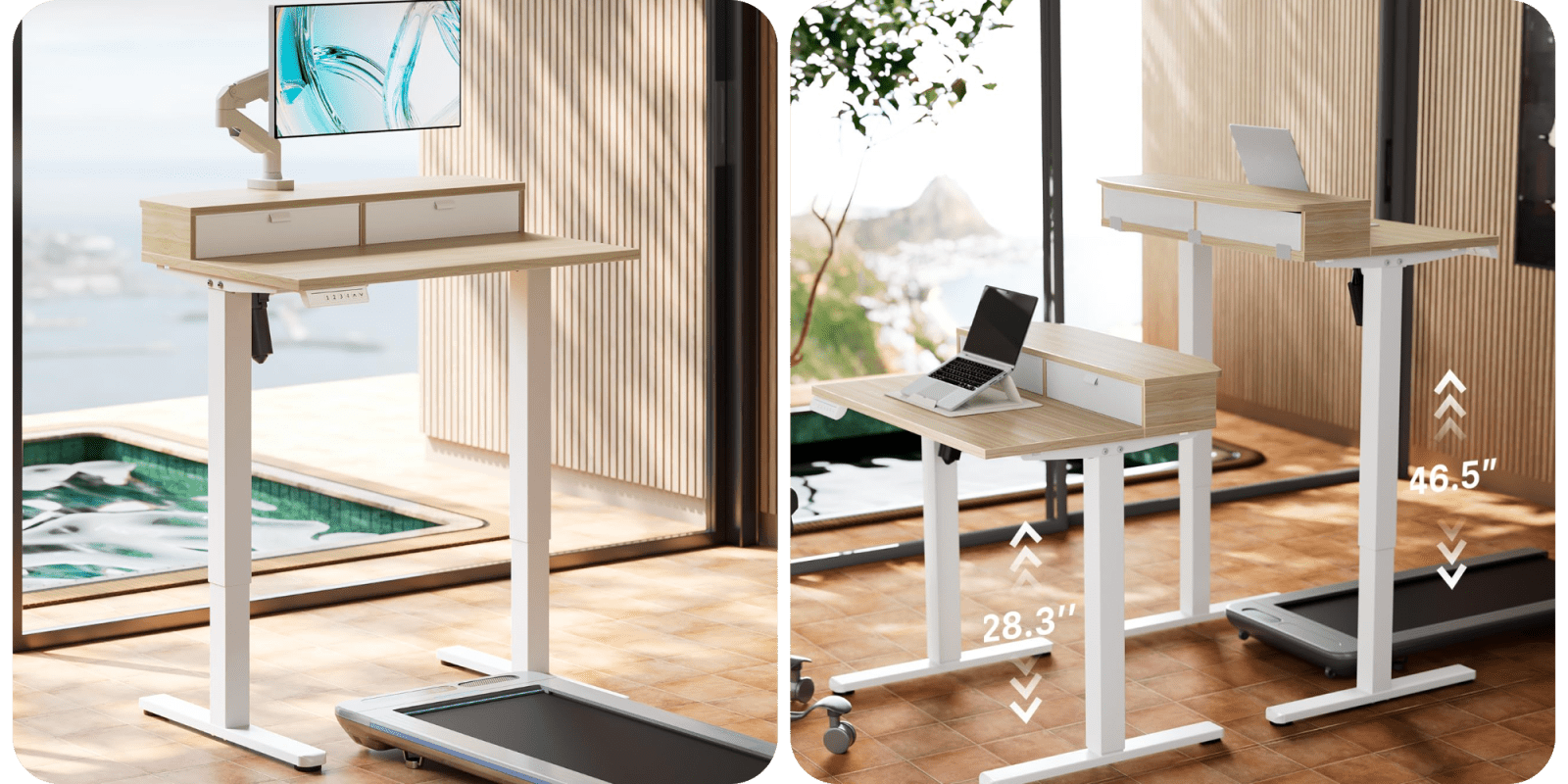 A computer desk with a laptop on it