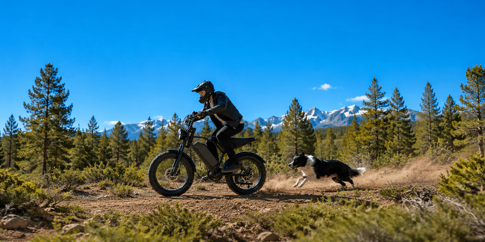A man riding a motorcycle with a dog running