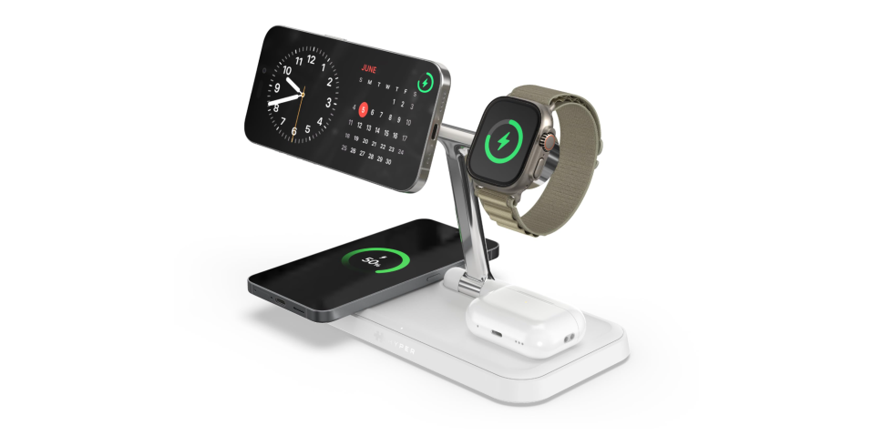 A smart watch and phone on a stand