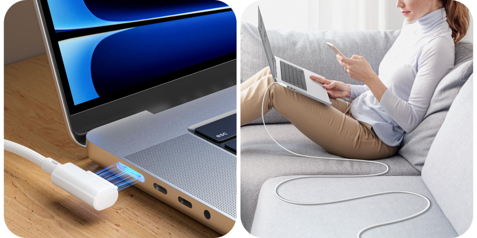 A woman sitting on a couch with a laptop and a phone