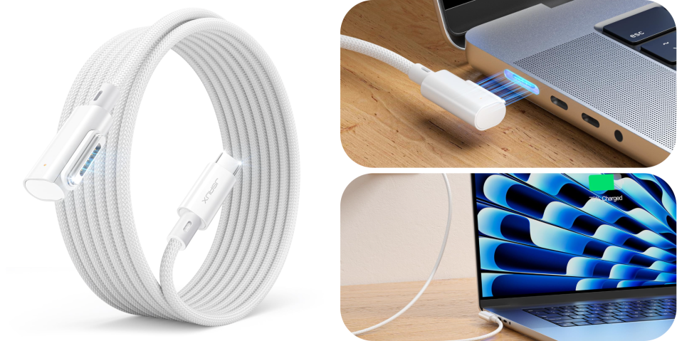 A white cable with a white cable attached to a laptop