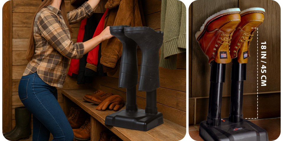 A person putting boots on a stand