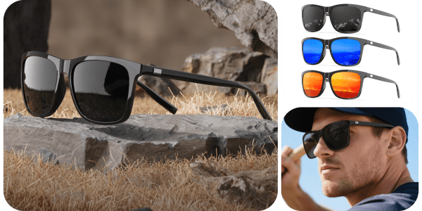 A collage of sunglasses on a rock