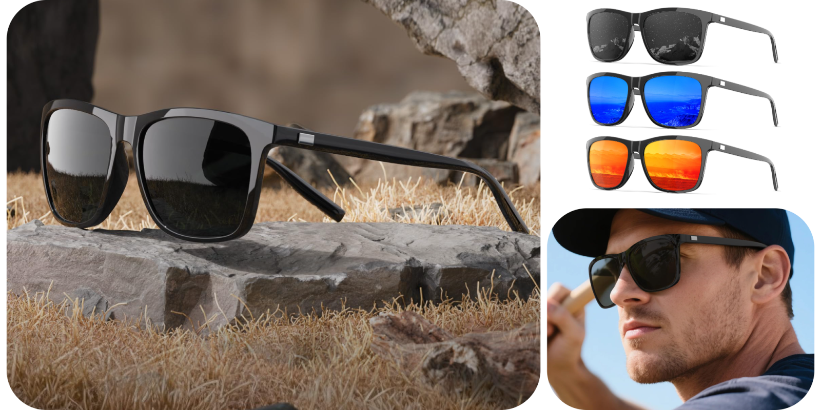 A collage of sunglasses on a rock
