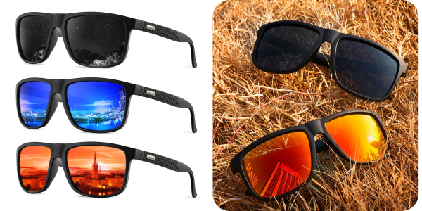 A collage of sunglasses with different colors of lenses