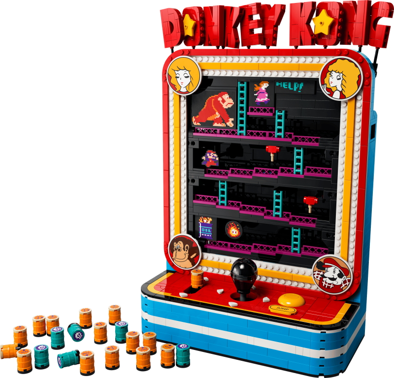 A toy arcade game with a black background