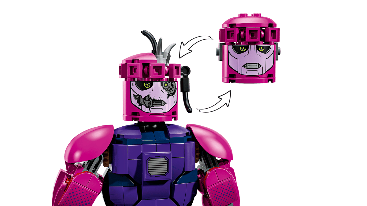 A toy robot with pink and purple face