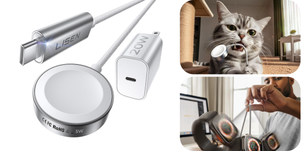 A collage of a cat and a charger
