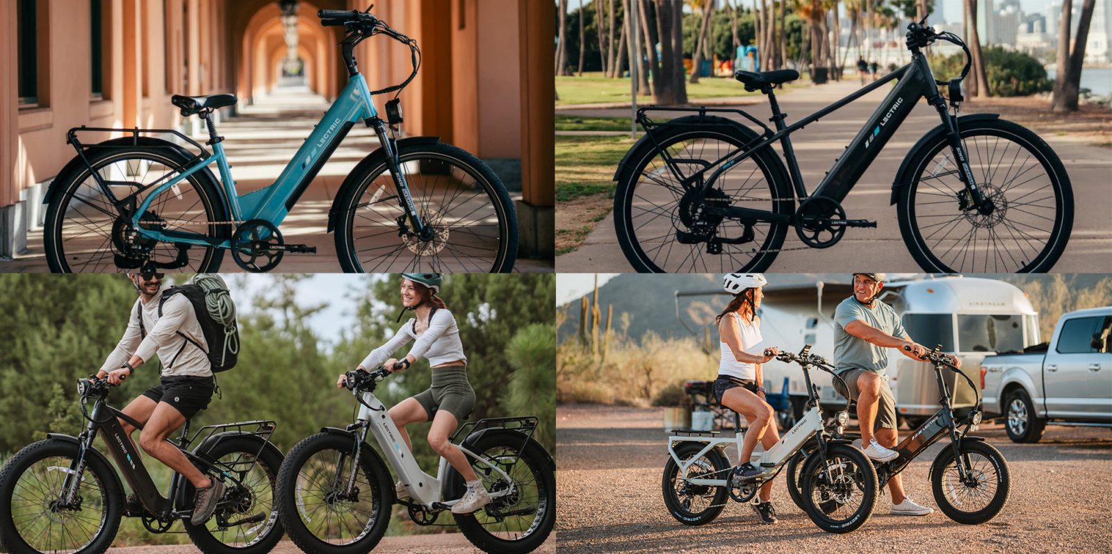 A collage of a woman riding a bike