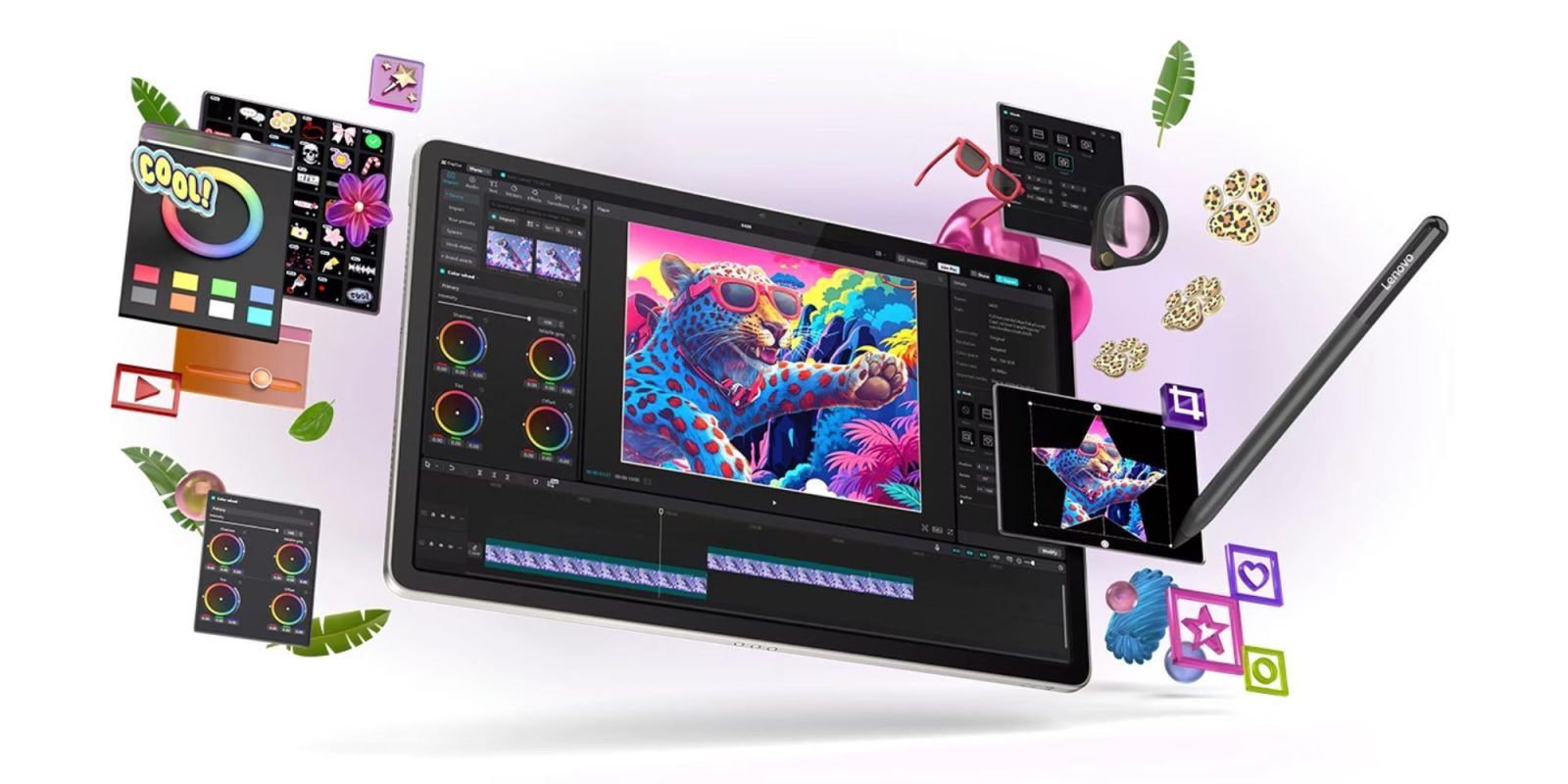 A computer screen with various objects around it