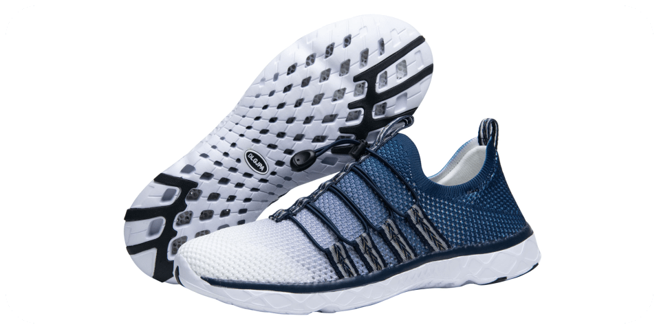 A pair of blue and white sneakers