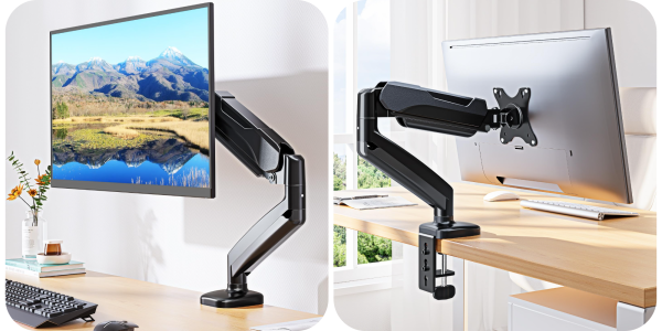 A computer monitor mounted on a desk