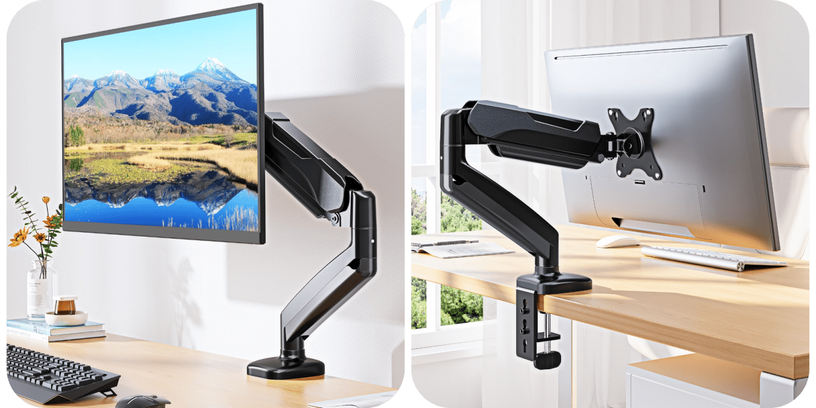A computer monitor mounted on a desk