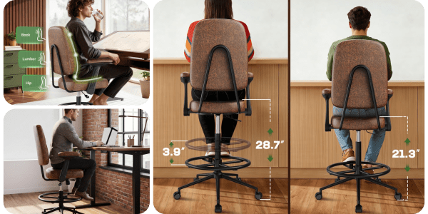 A collage of a woman sitting at a desk