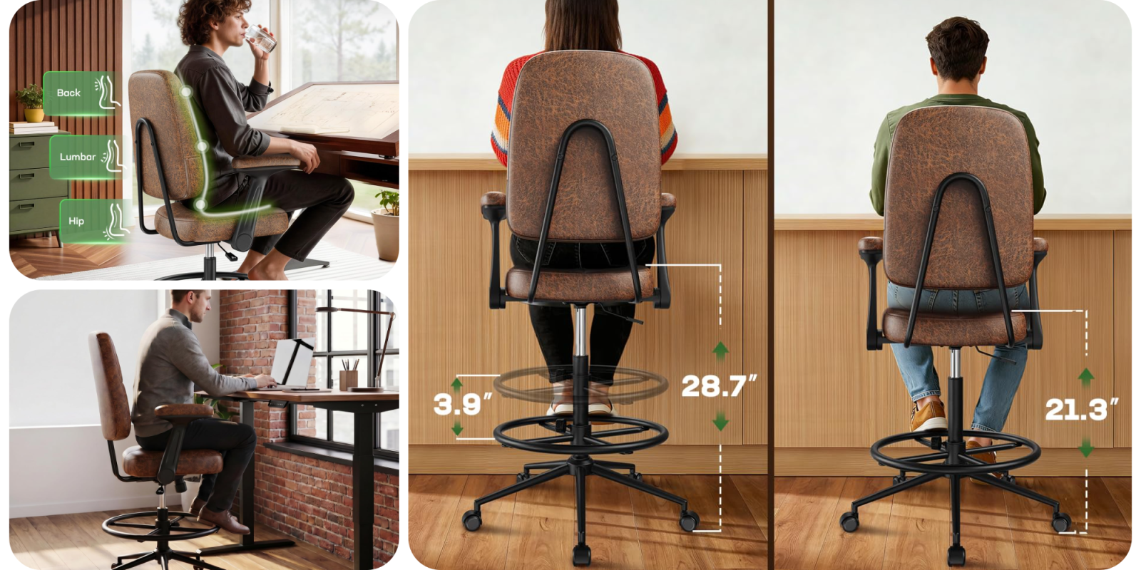 A collage of a woman sitting at a desk