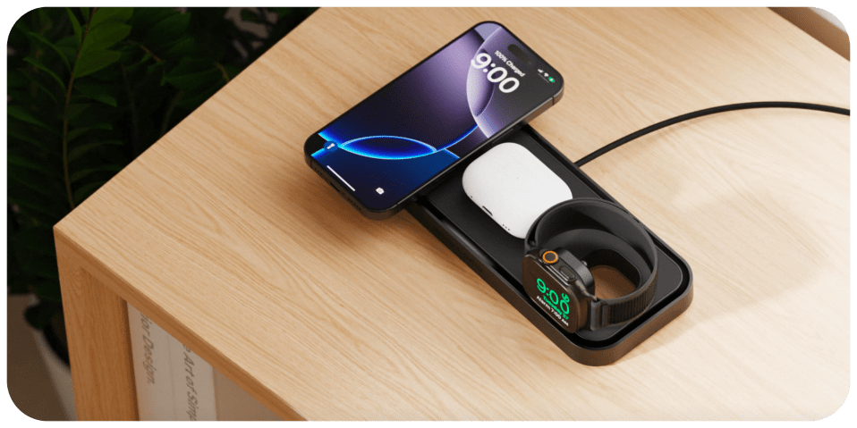A phone and a watch on a wireless charger