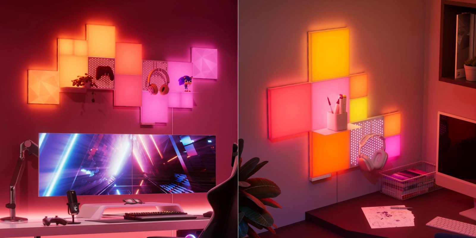 Image showing renders of Nanoleaf Shelf and Pegboard kit on the wall.