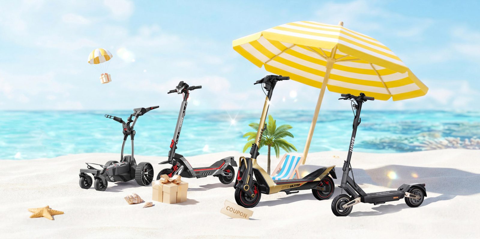 Scooters and umbrella on a beach