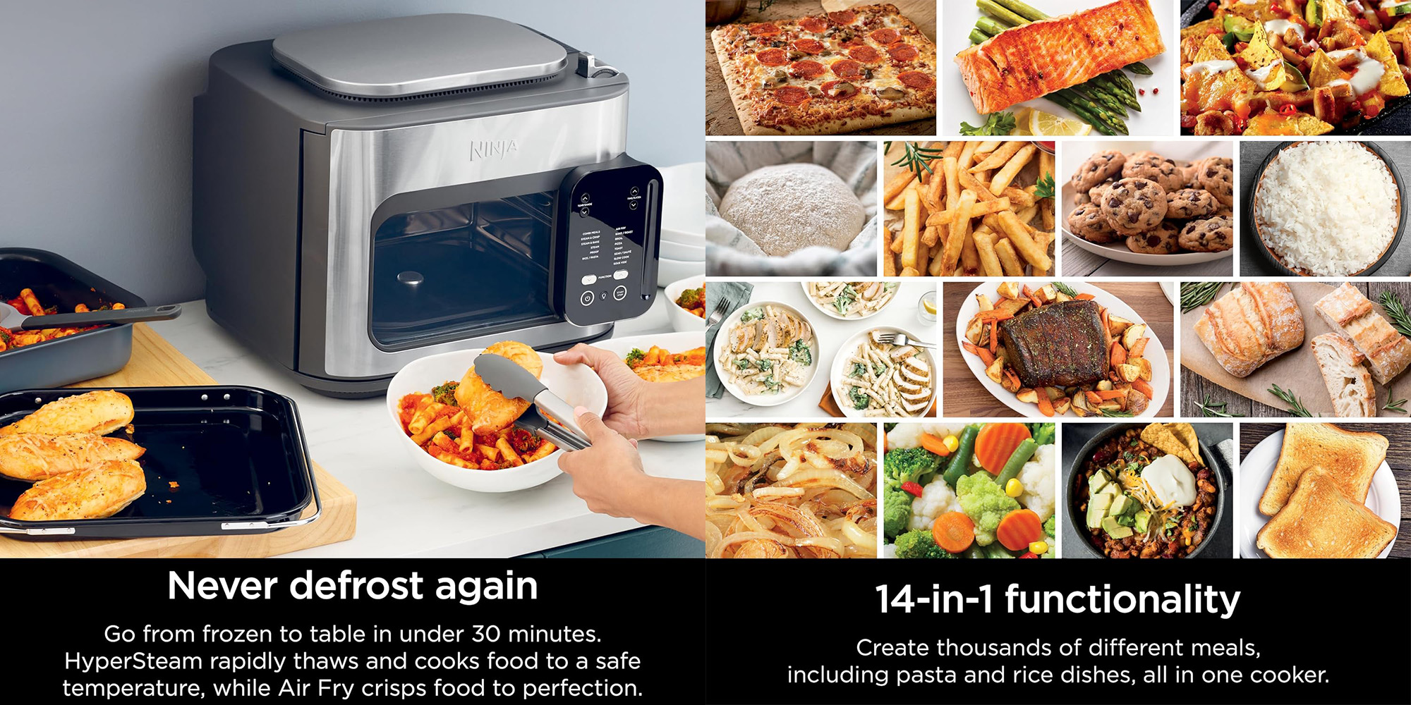 A collage of food and a microwave