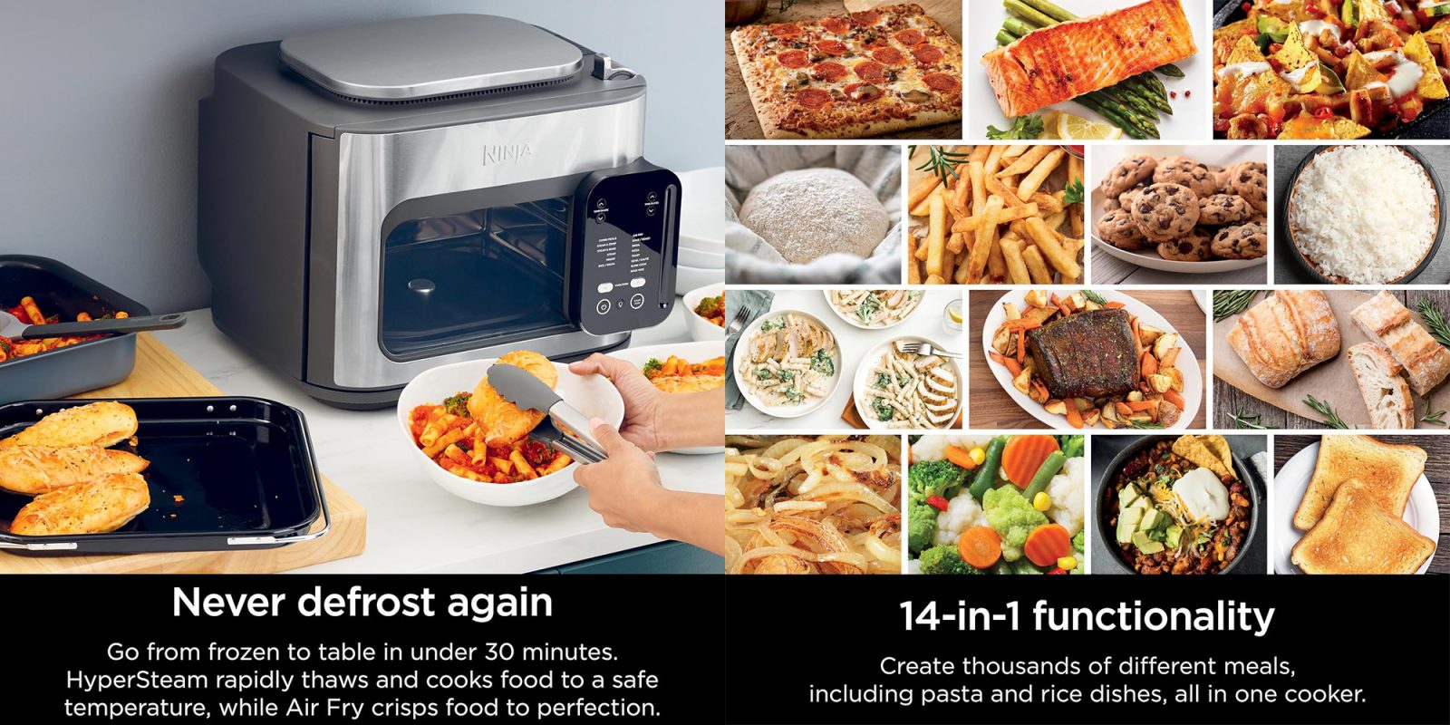 A collage of food and a microwave