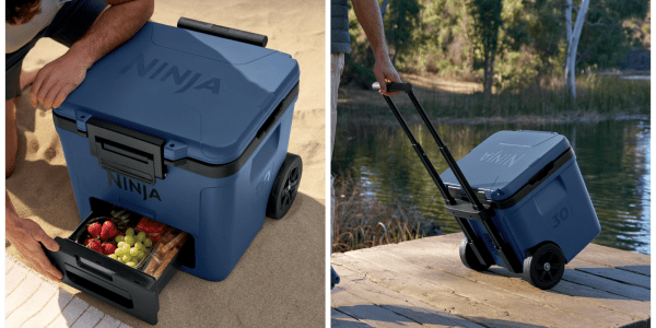 A blue cooler with wheels and a hand holding a handle