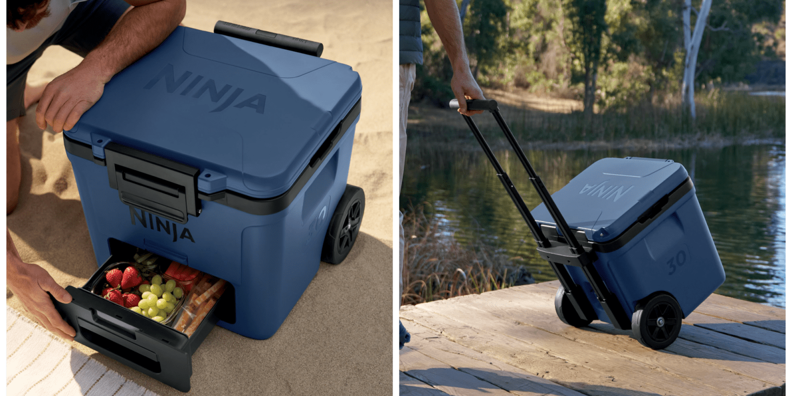A blue cooler with wheels and a hand holding a handle