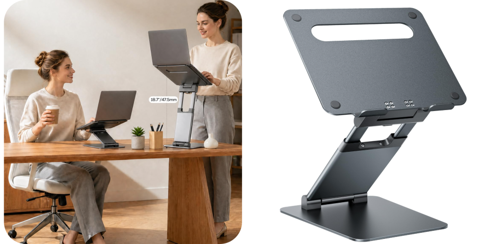 A woman standing in front of a laptop