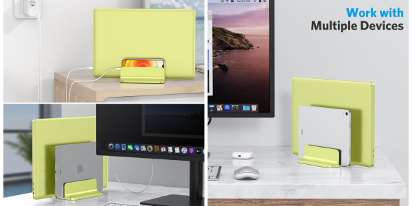 A computer screens and a phone charging station