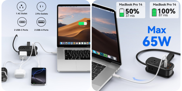 A laptop with a charger