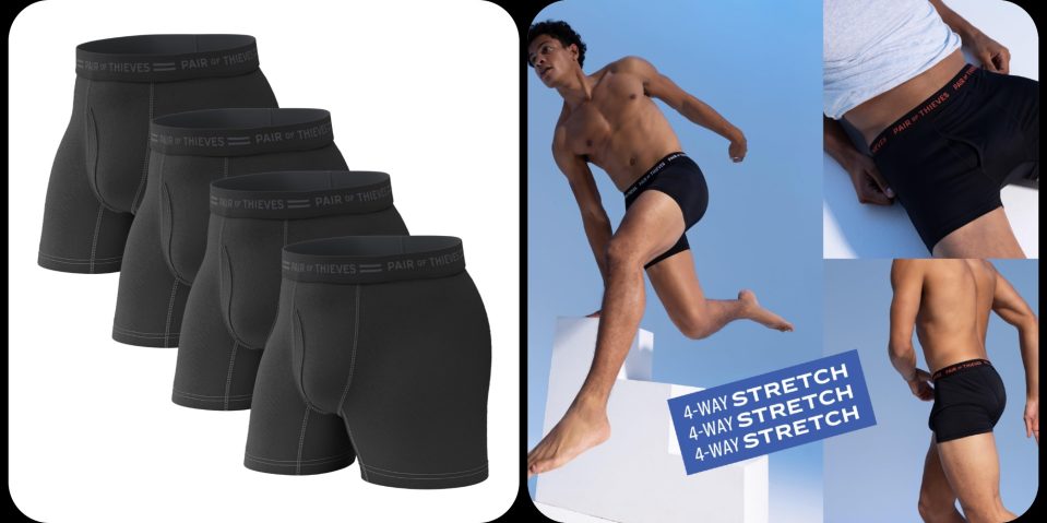 A man running on a box with a pair of black underwear