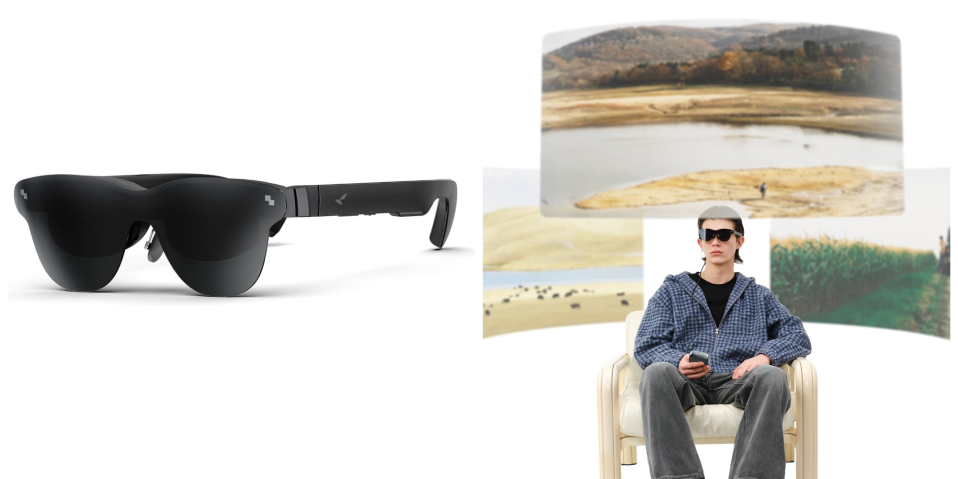 A man sitting in a chair and a pair of sunglasses