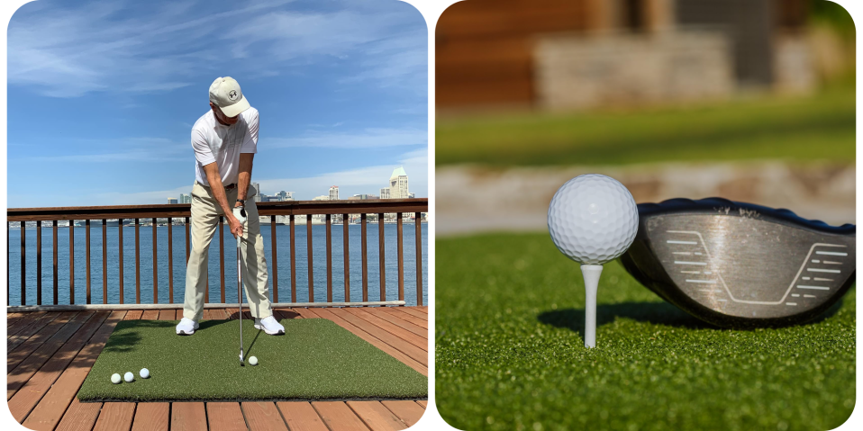 A man playing golf on a deck