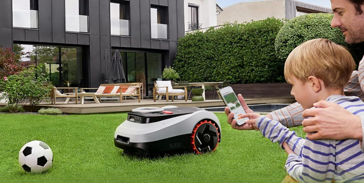 A person holding a phone and a robot on grass