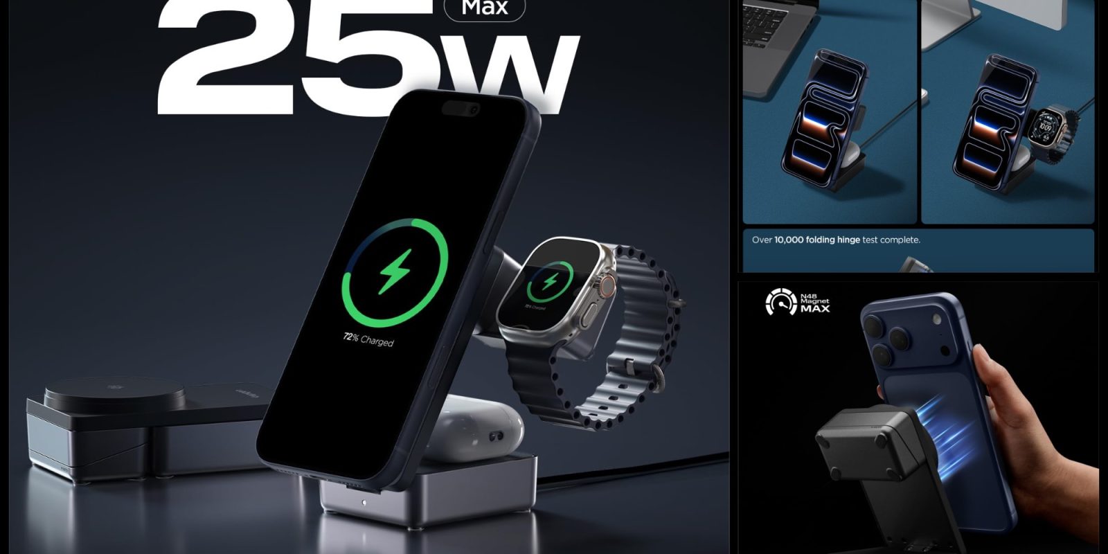 A cell phone and watch on a charging station