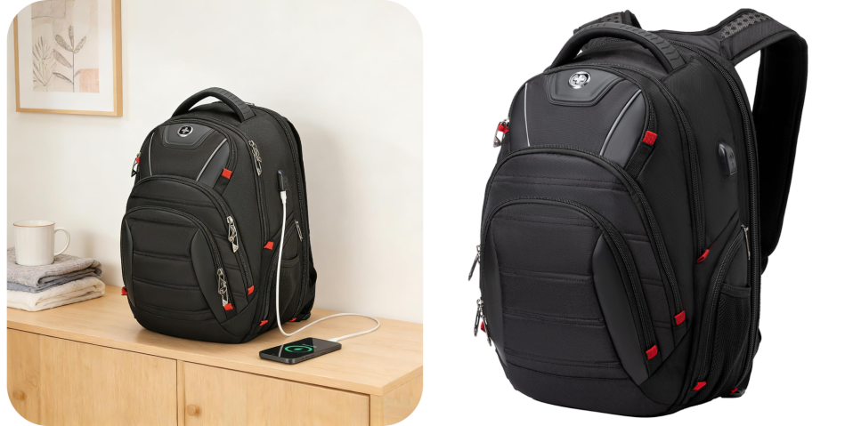 A black backpack with a phone on a table