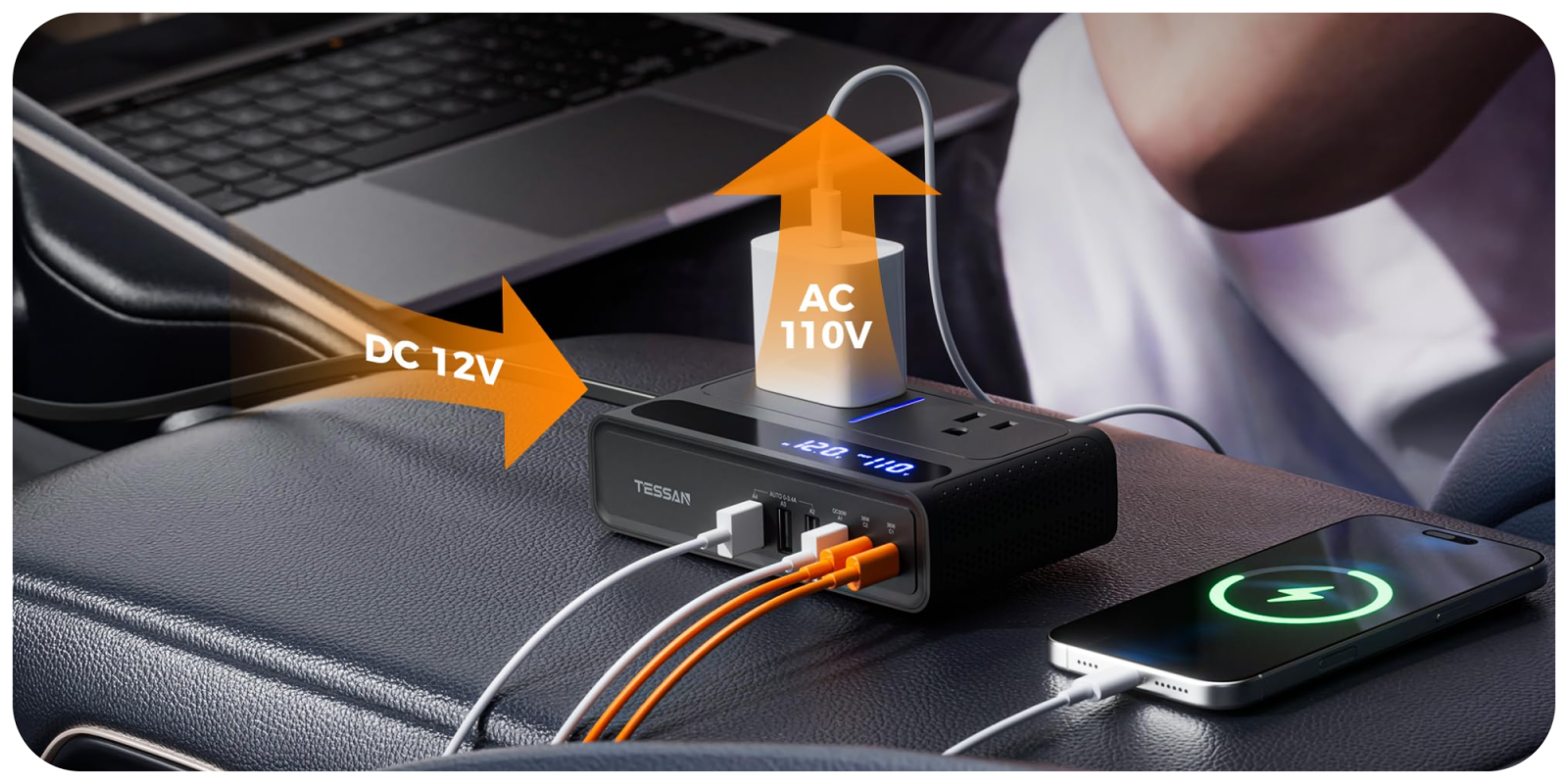 A device with an arrow pointing to the power cord