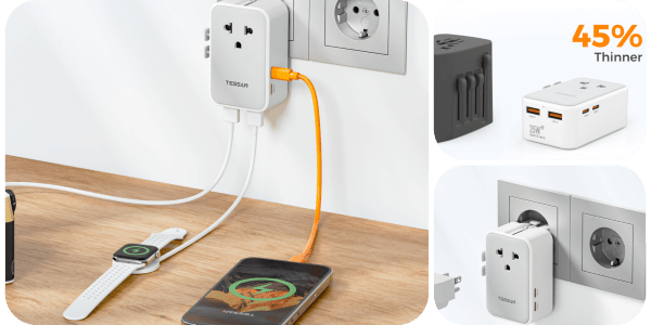 A cell phone plugged into a power outlet