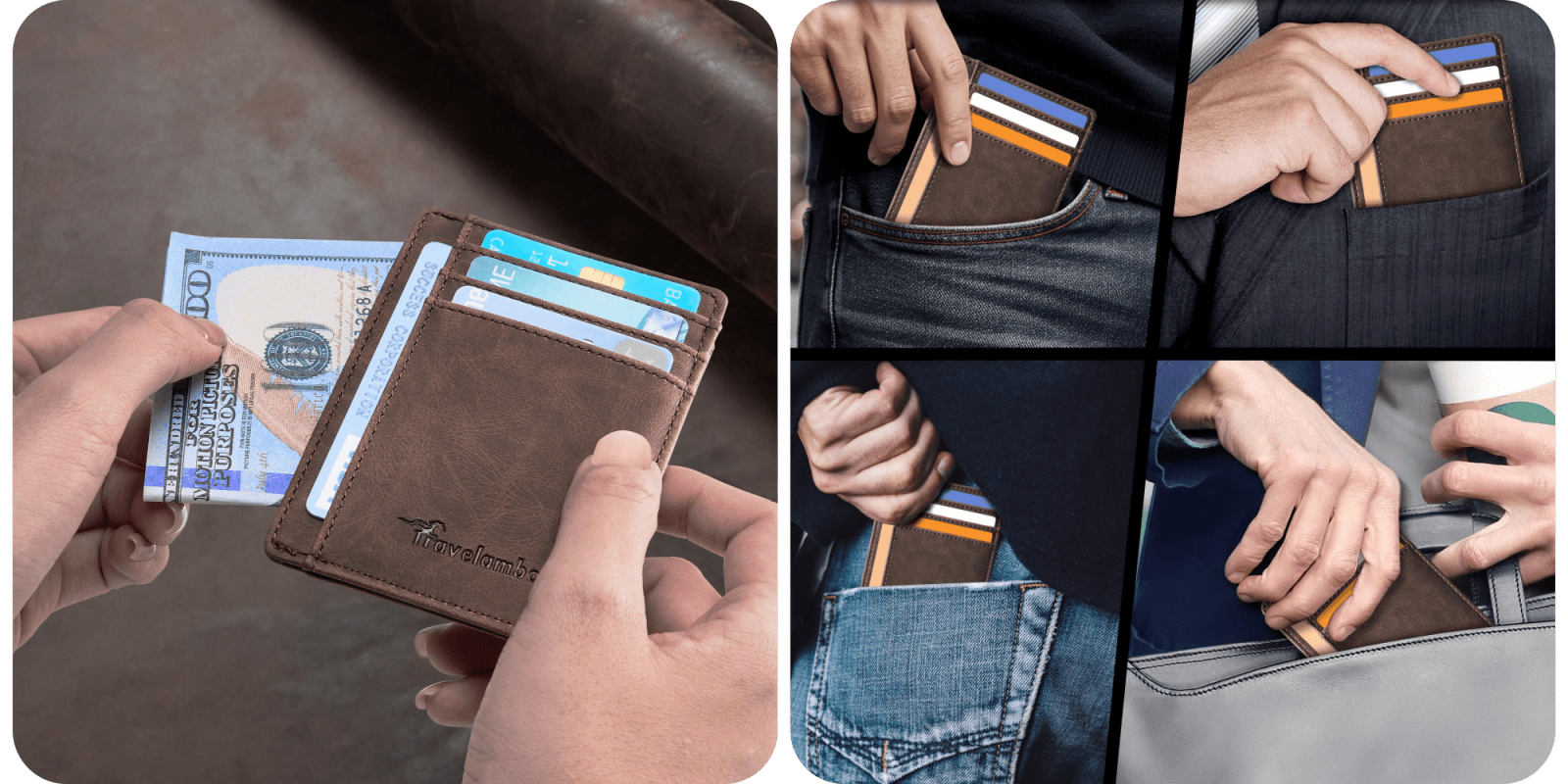 A collage of a person's hands putting cards in their pocket