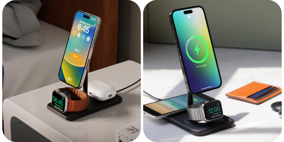 A phone and a watch on a charging stand